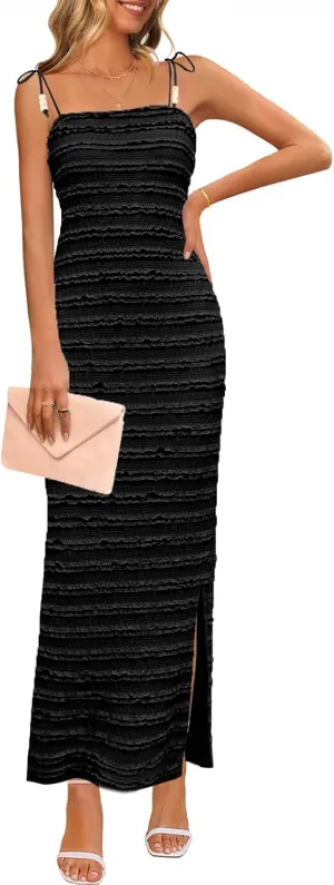 MEROKEETY Women's Summer Spaghetti Strap Sleeveless Bodycon Backless Textured Wedding Guest Cocktail Dress