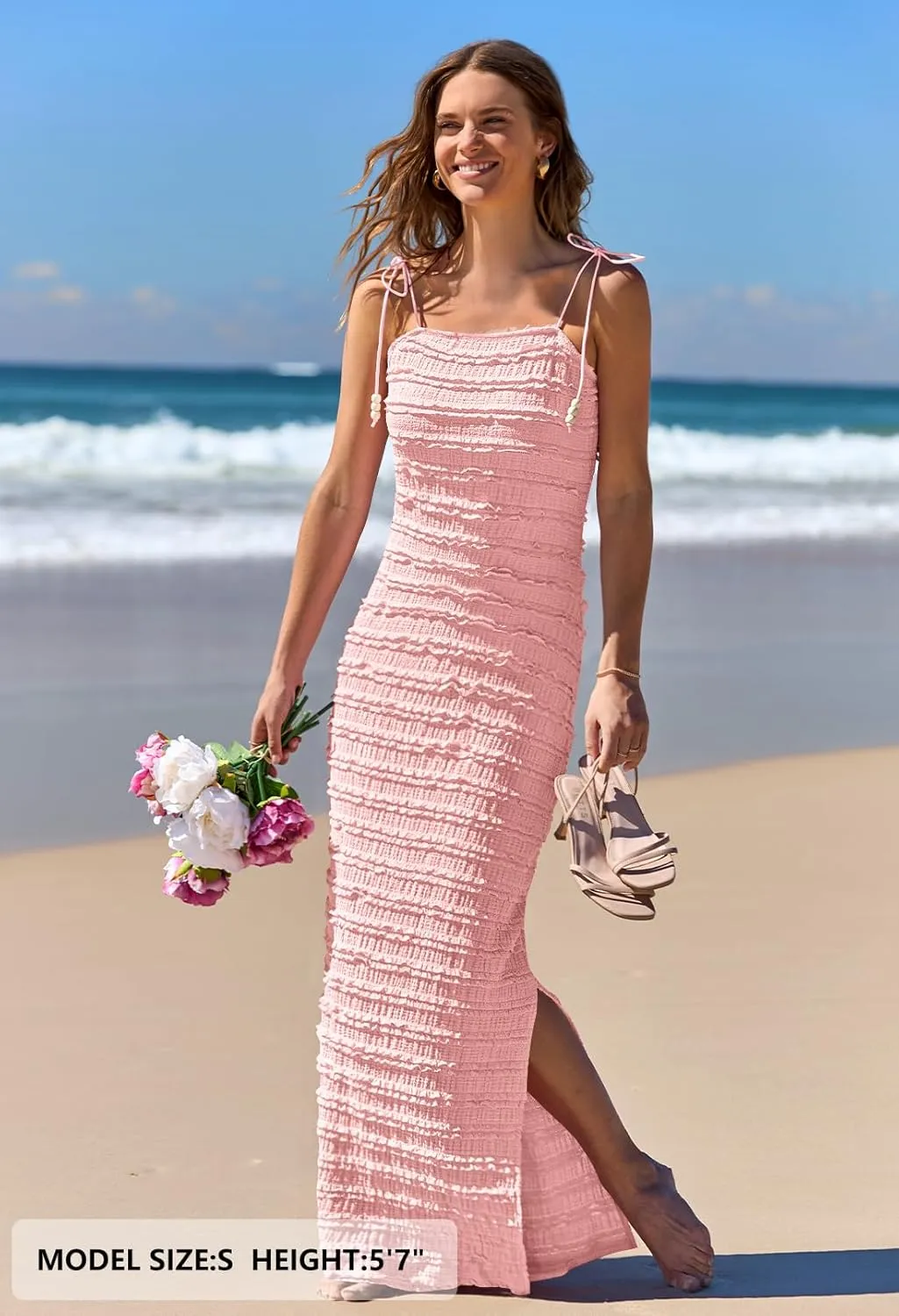 MEROKEETY Women's Summer Spaghetti Strap Sleeveless Bodycon Backless Textured Wedding Guest Cocktail Dress