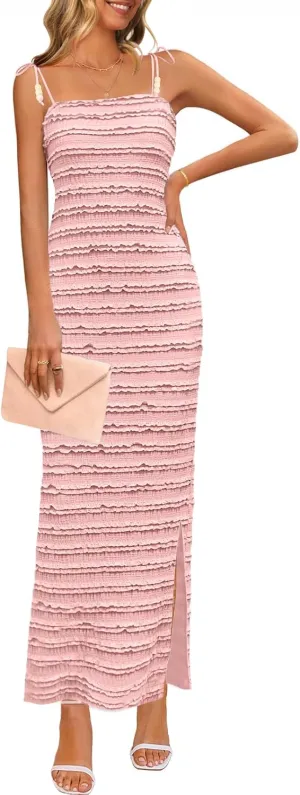 MEROKEETY Women's Summer Spaghetti Strap Sleeveless Bodycon Backless Textured Wedding Guest Cocktail Dress