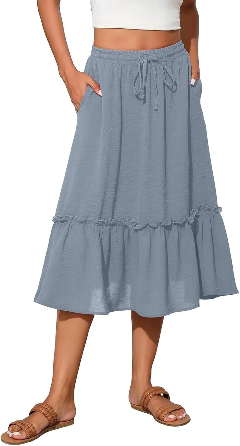 Midi Skirts for Women,2025 Summer Trendy Floral Print High Elastic Boho Skirts,Flowy Ruched Tiered Swing Beach Dress