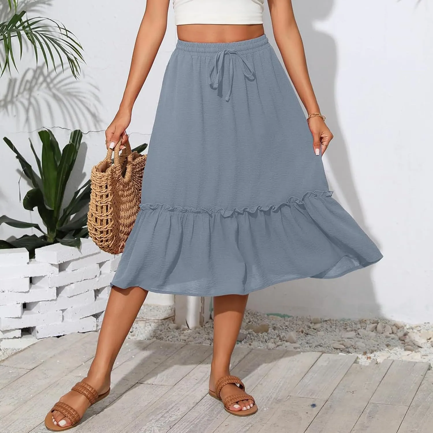 Midi Skirts for Women,2025 Summer Trendy Floral Print High Elastic Boho Skirts,Flowy Ruched Tiered Swing Beach Dress