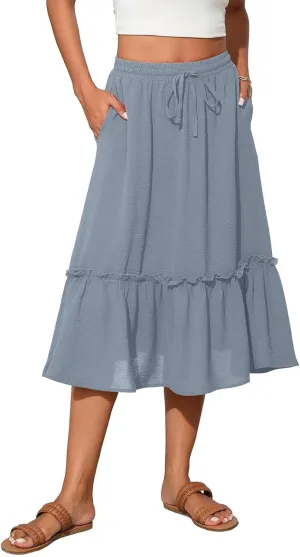 Midi Skirts for Women,2025 Summer Trendy Floral Print High Elastic Boho Skirts,Flowy Ruched Tiered Swing Beach Dress