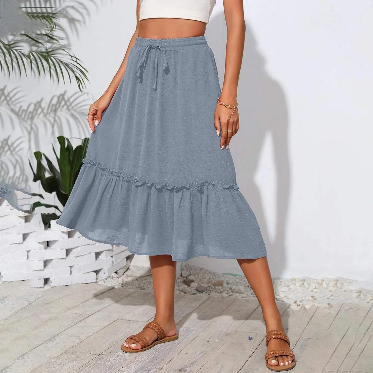 Midi Skirts for Women,2025 Summer Trendy Floral Print High Elastic Boho Skirts,Flowy Ruched Tiered Swing Beach Dress