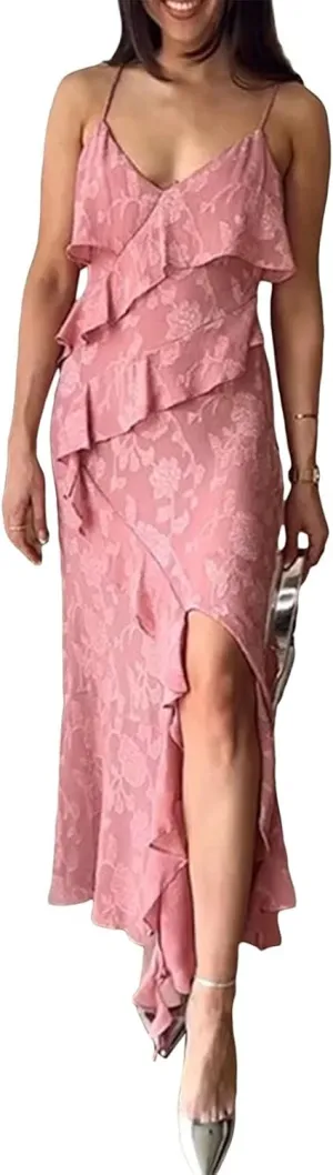 Miqil Women's Sexy Backless Peplum Ruffle Long Dress Y2k Bodycon Spaghetti Strap Asymmetrical Dress Elegant Evening Dress