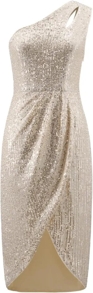 MISSCHEN Women's One Shoulder Sequin Sparkly Glitter Wrap Midi Cocktail Dress