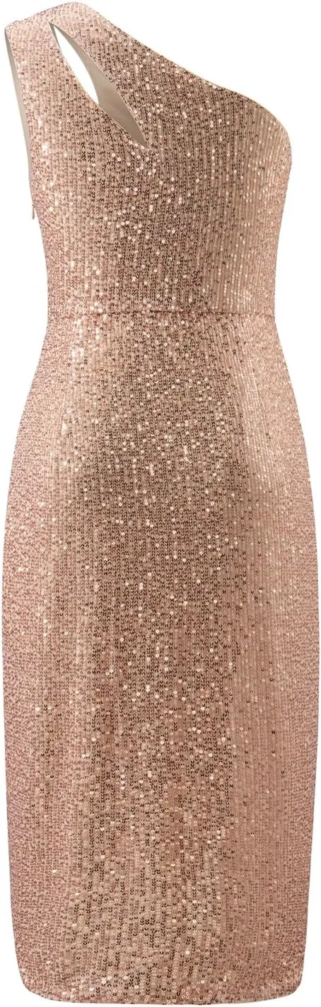 MISSCHEN Women's One Shoulder Sequin Sparkly Glitter Wrap Midi Cocktail Dress