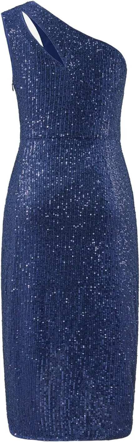 MISSCHEN Women's One Shoulder Sequin Sparkly Glitter Wrap Midi Cocktail Dress