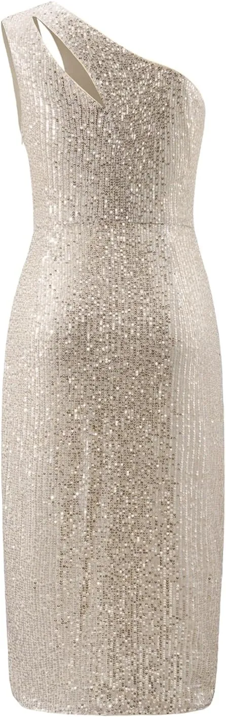 MISSCHEN Women's One Shoulder Sequin Sparkly Glitter Wrap Midi Cocktail Dress