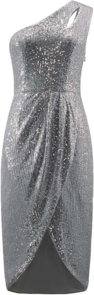 MISSCHEN Women's One Shoulder Sequin Sparkly Glitter Wrap Midi Cocktail Dress