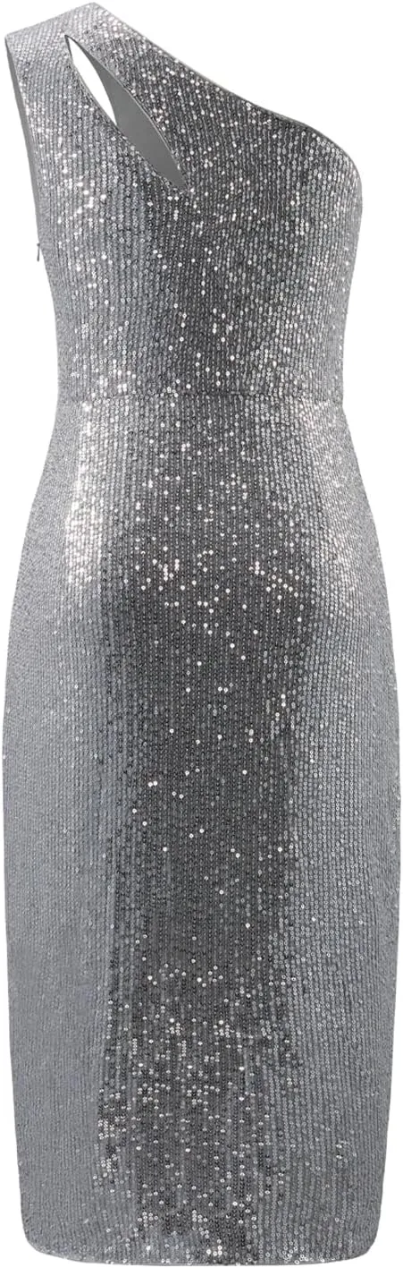MISSCHEN Women's One Shoulder Sequin Sparkly Glitter Wrap Midi Cocktail Dress