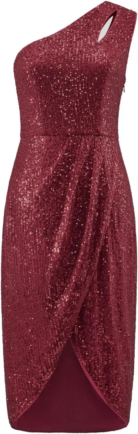 MISSCHEN Women's One Shoulder Sequin Sparkly Glitter Wrap Midi Cocktail Dress
