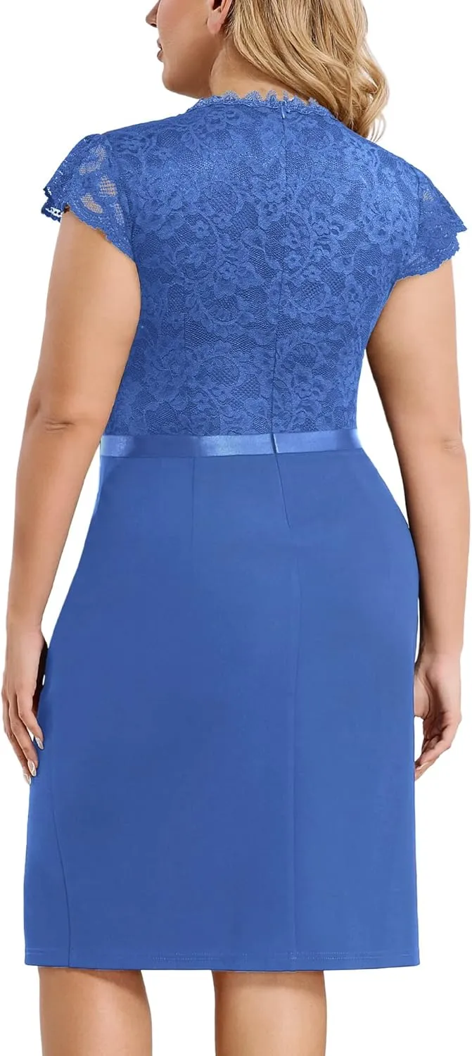 Miusol Women's Plus Size Floral Lace Contrast Ruffles Split Evening Cocktail Dress
