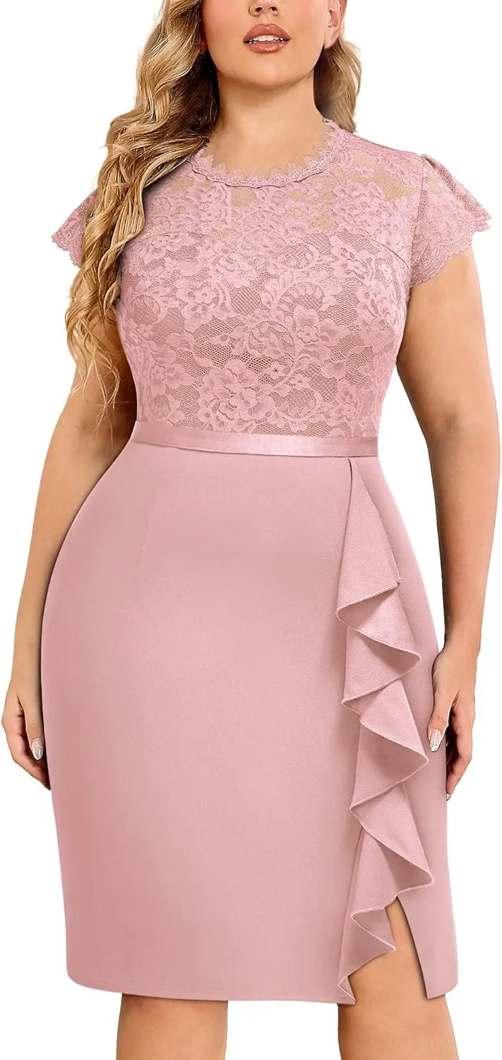 Miusol Women's Plus Size Floral Lace Contrast Ruffles Split Evening Cocktail Dress
