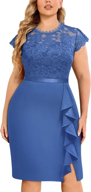 Miusol Women's Plus Size Floral Lace Contrast Ruffles Split Evening Cocktail Dress