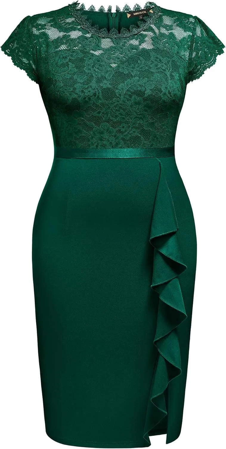 Miusol Women's Plus Size Floral Lace Contrast Ruffles Split Evening Cocktail Dress