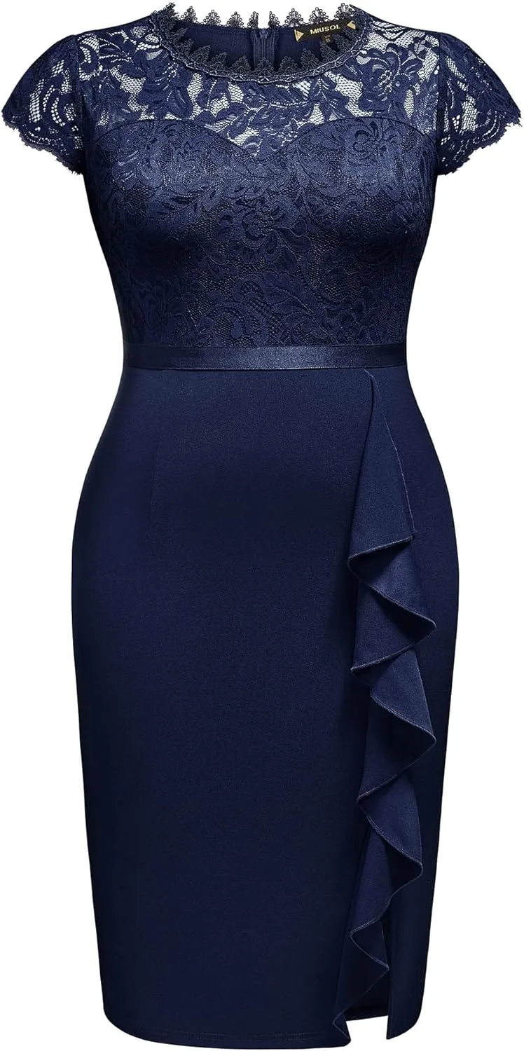 Miusol Women's Plus Size Floral Lace Contrast Ruffles Split Evening Cocktail Dress