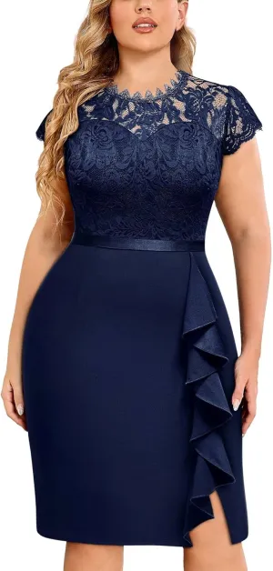 Miusol Women's Plus Size Floral Lace Contrast Ruffles Split Evening Cocktail Dress