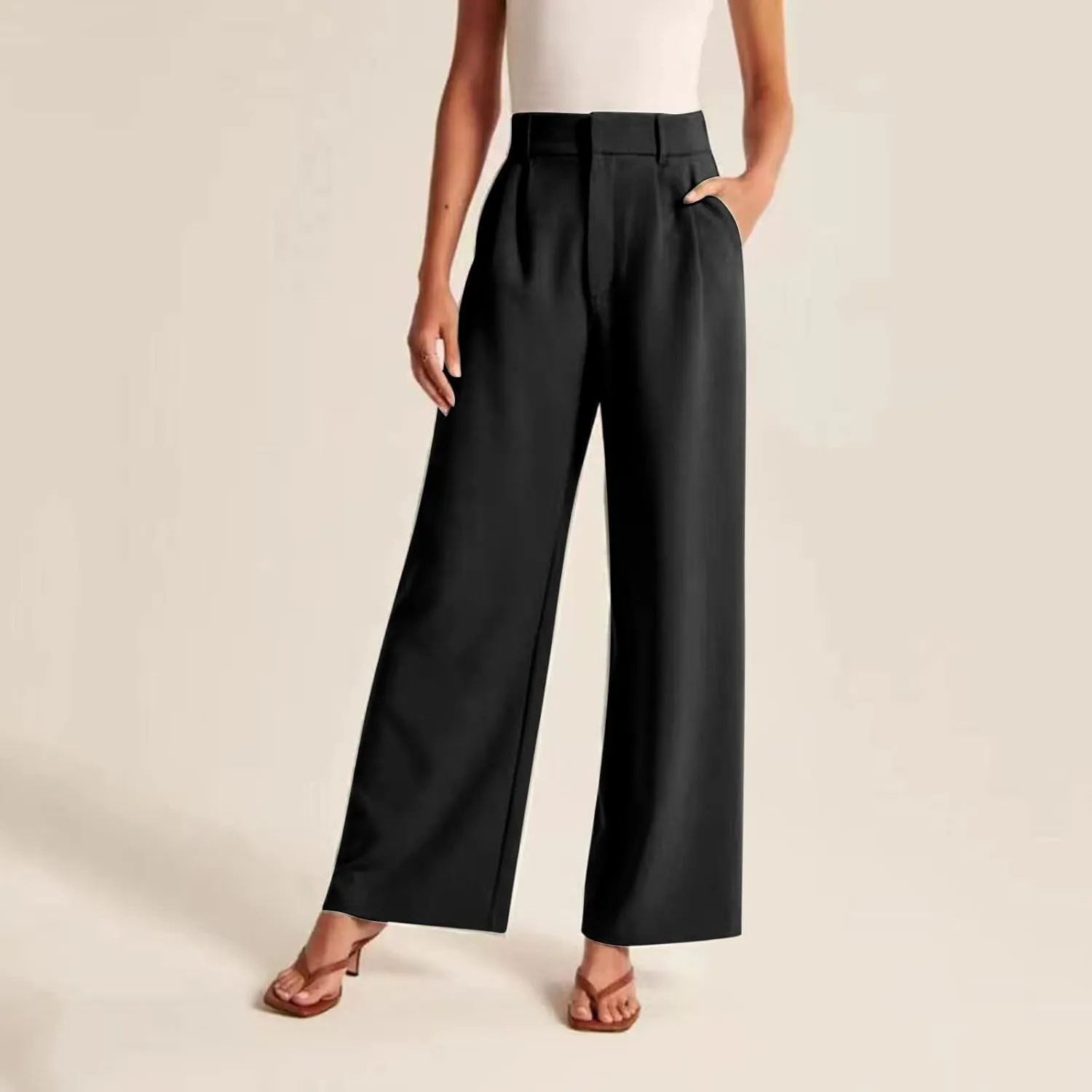 Mmoneyake Women's Formal Pants High Waist Casual Wide Leg Pants Work Office Palazzo Pants Straight Long Trousers with Pockets