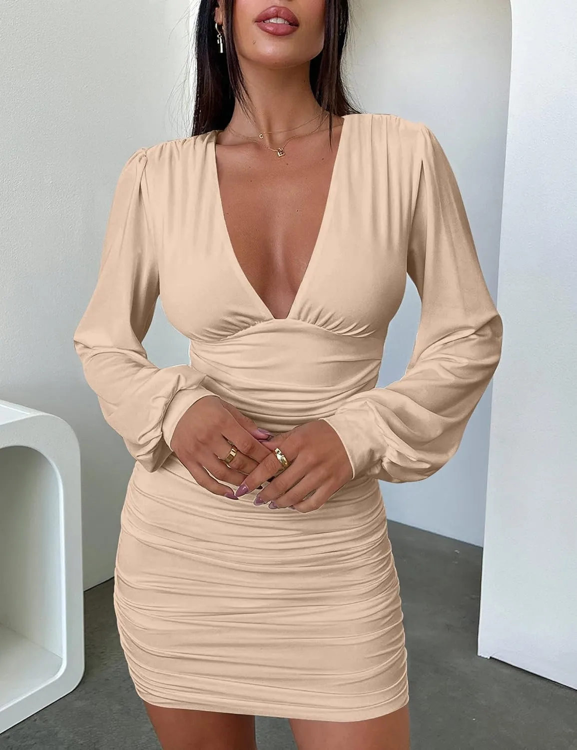 Mokoru Women's Sexy Ruched Bodycon Long Sleeve V Neck Mini Party Cocktail Dress