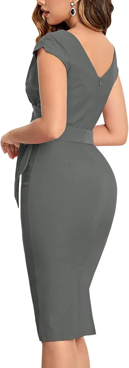 MUXXN Women's Vintage 1950s Style Wrap V Neck Tie Waist Formal Cocktail Dress