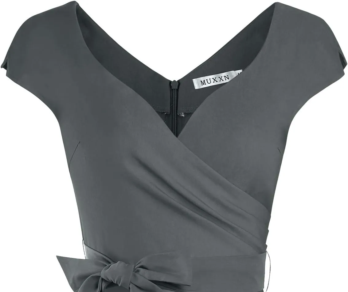 MUXXN Women's Vintage 1950s Style Wrap V Neck Tie Waist Formal Cocktail Dress