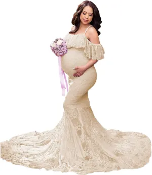 MYRISAM Women Maternity Lace Mermaid Gown Off Shoulder Ruffle Slim Fitted Photo Shoot Wedding Party Prom Baby Shower Dress