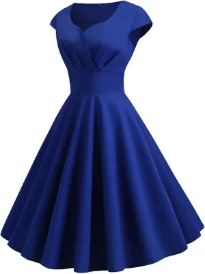 NaRHbrg Women's 1950s Vintage Dress Wrap V Neck Cap Sleeve Dress Retro Cocktail Party Swing Dresses A-Line Flared Midi Dress