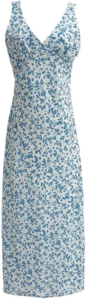 Niiyyjj Women's Printed V-Neck Vest Dress Backless Long Maxi Dress Boho Beach Cover Up Slit Evening Gown