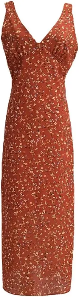 Niiyyjj Women's Printed V-Neck Vest Dress Backless Long Maxi Dress Boho Beach Cover Up Slit Evening Gown