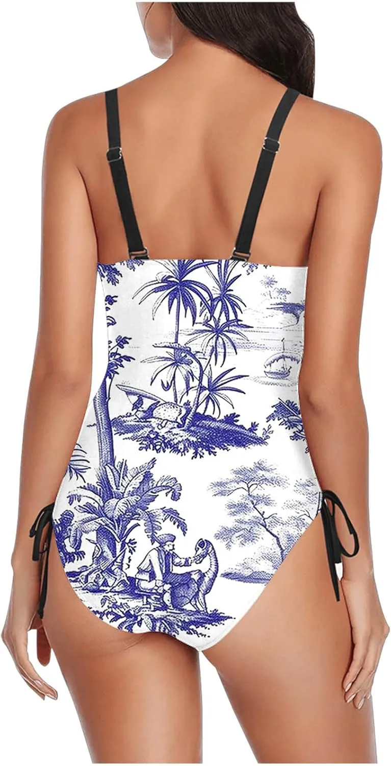 One Piece Swimsuit for Women Summer Fashion Print Bathing Suit 2025 Tummy Control Crewneck Bikini Vacation Beach Sets