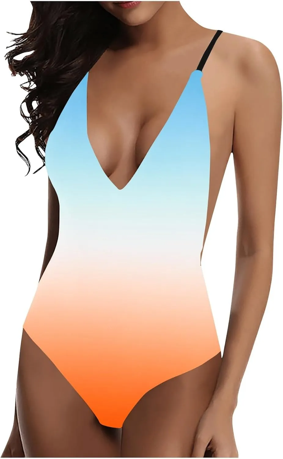 One Piece Swimsuit for Women Tummy Control Gradient Swimwear Deep V Neck Neck Backless Athletic Bathing Suits 2025