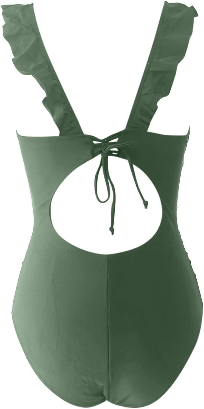 One Piece Swimsuit for Women Tummy Control Solid Color V-Neck Bathing Suits Cheeky Backless Ruffle Hem Swimwear