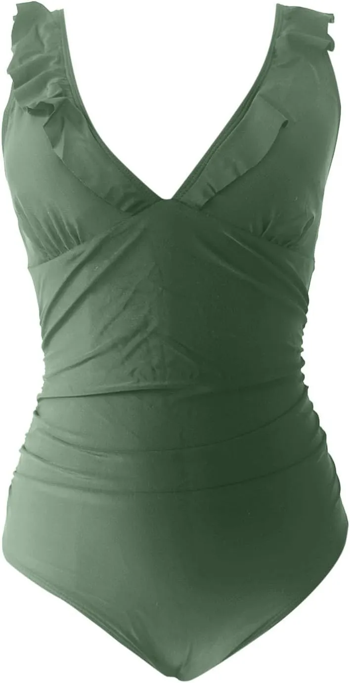 One Piece Swimsuit for Women Tummy Control Solid Color V-Neck Bathing Suits Cheeky Backless Ruffle Hem Swimwear
