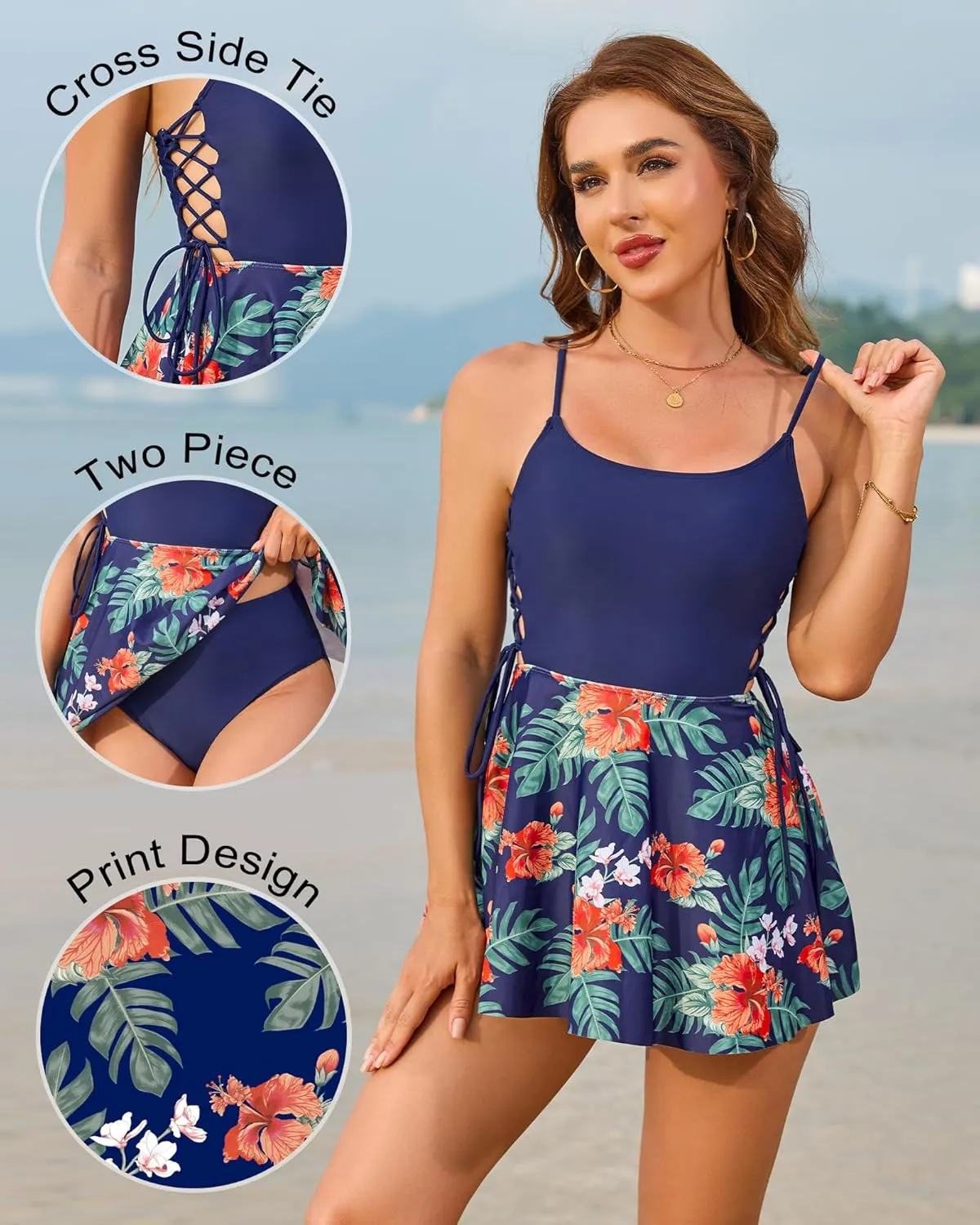 One Piece Swimsuit Women Tummy Control Bathing Suit Floral Modest Swim Suits Dress with Skirt 2025 Teens Tankini