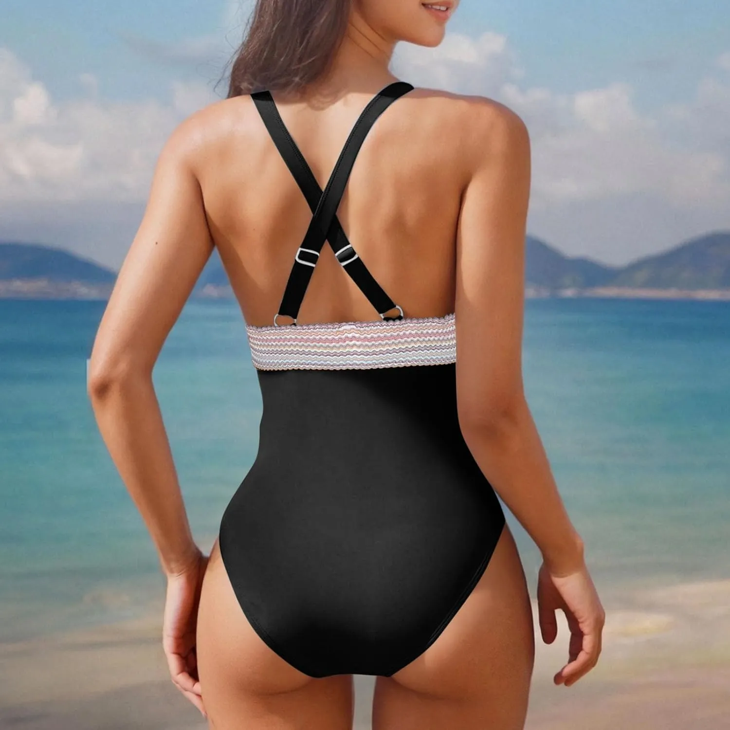 One Piece Swimsuit Women Tummy Control Bathing Suits Slimming Modest Color Block Swim Suits 2025 V Neck Swimwear