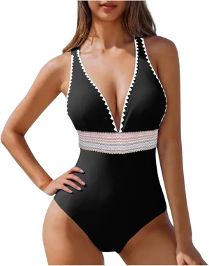 One Piece Swimsuit Women Tummy Control Bathing Suits Slimming Modest Color Block Swim Suits 2025 V Neck Swimwear