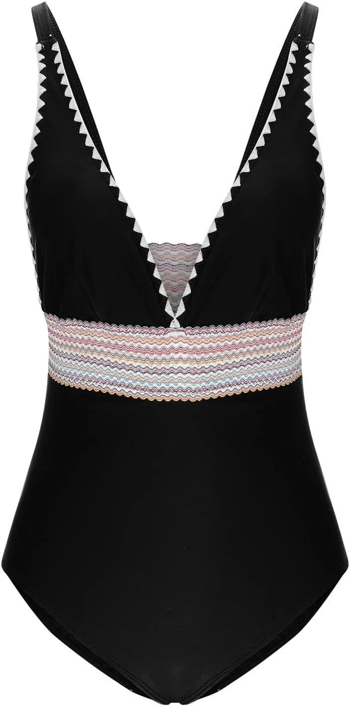 One Piece Swimsuit Women Tummy Control Bathing Suits Slimming Modest Color Block Swim Suits 2025 V Neck Swimwear