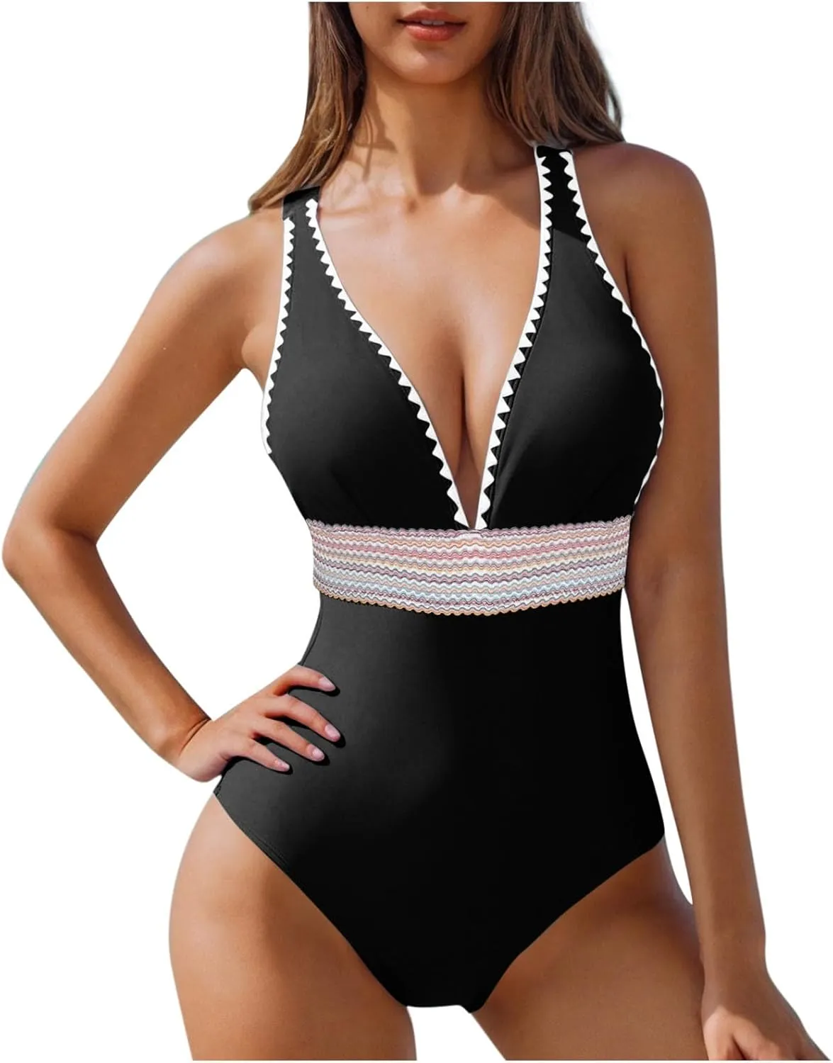 One Piece Swimsuit Women Tummy Control Bathing Suits Slimming Modest Color Block Swim Suits 2025 V Neck Swimwear