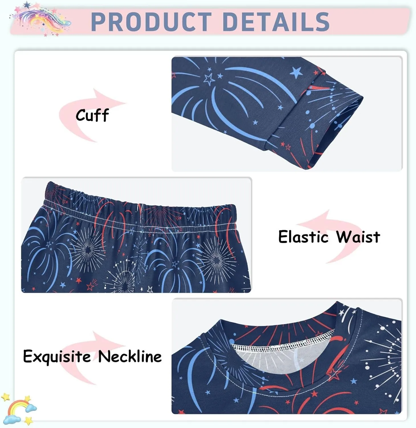 Pajama Sets Long Sleeve Firework Soft Comfy Sleepwear 2 Piece PJS 3-8T