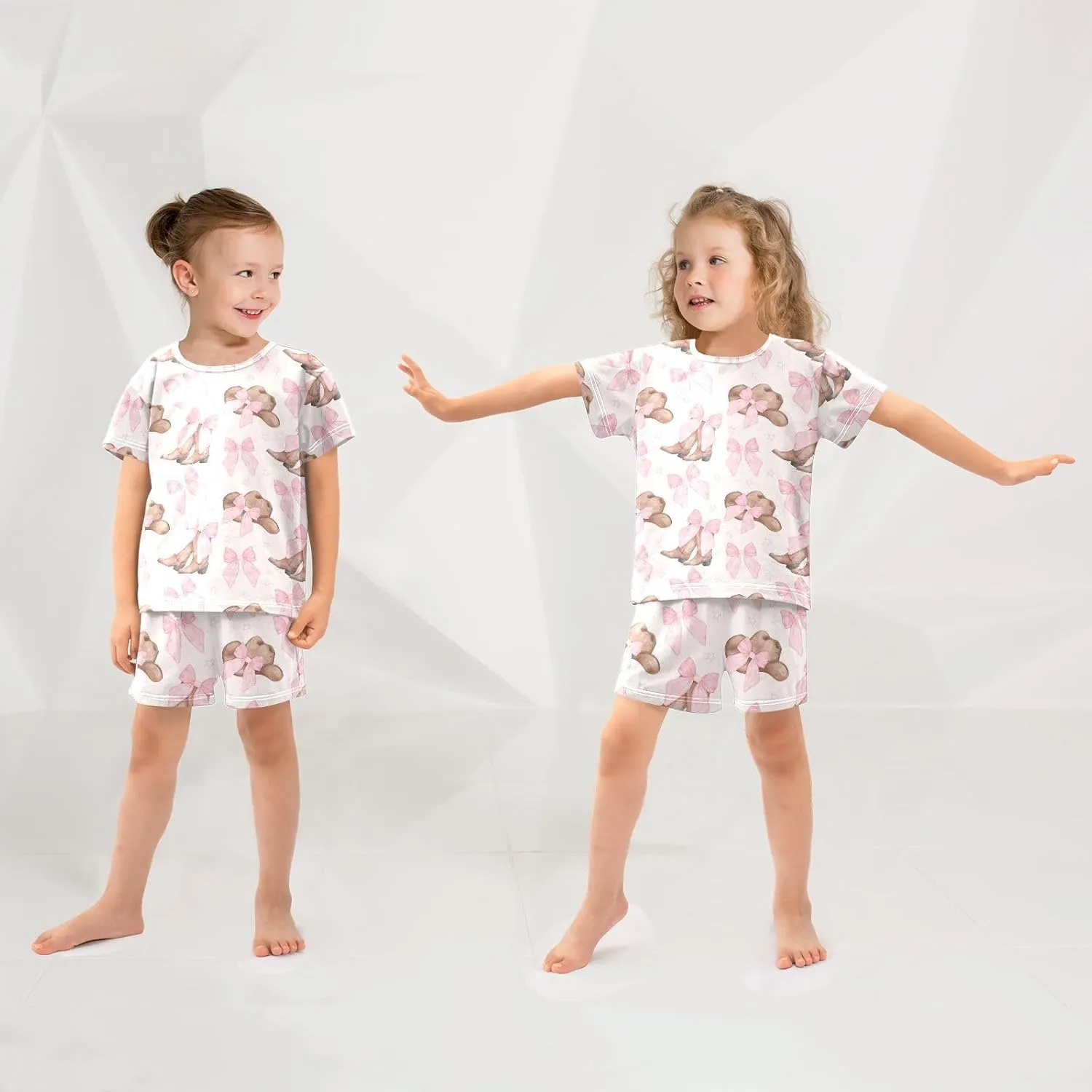 Pajama Sets Short Sleeve Cowgirl Hat and Boots with Pink Bow Soft Cotton Summer Sleepwear 2 Piece PJS Size 5-14T