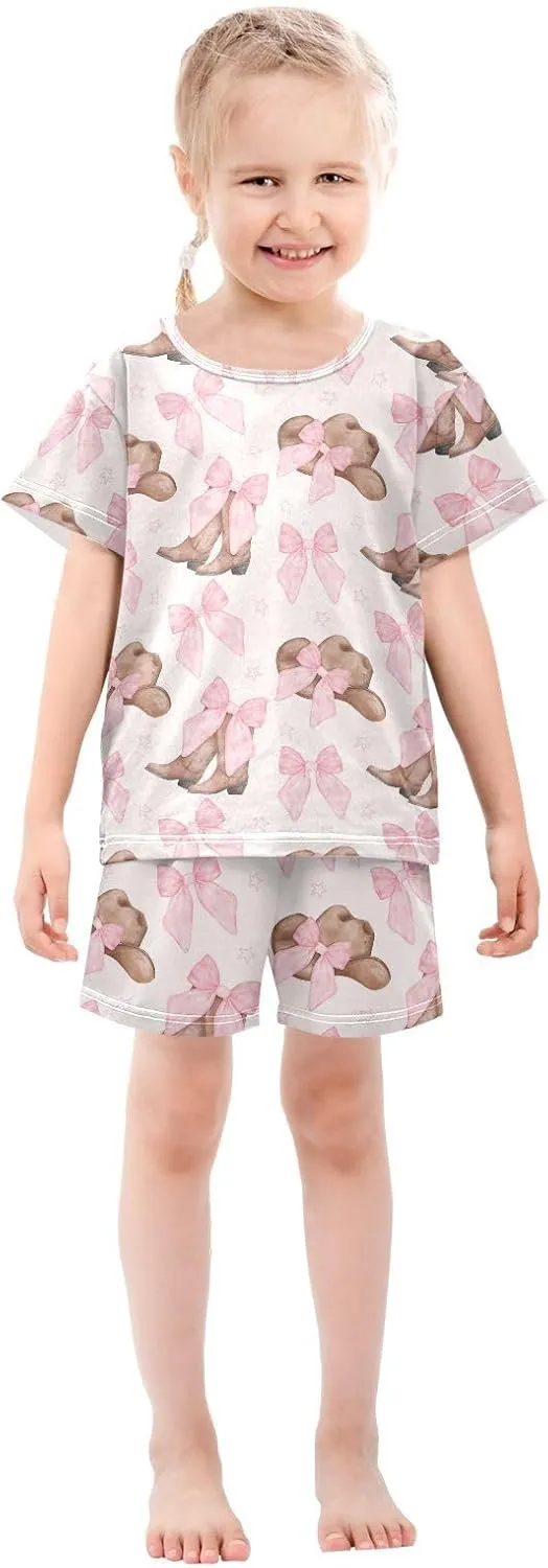 Pajama Sets Short Sleeve Cowgirl Hat and Boots with Pink Bow Soft Cotton Summer Sleepwear 2 Piece PJS Size 5-14T