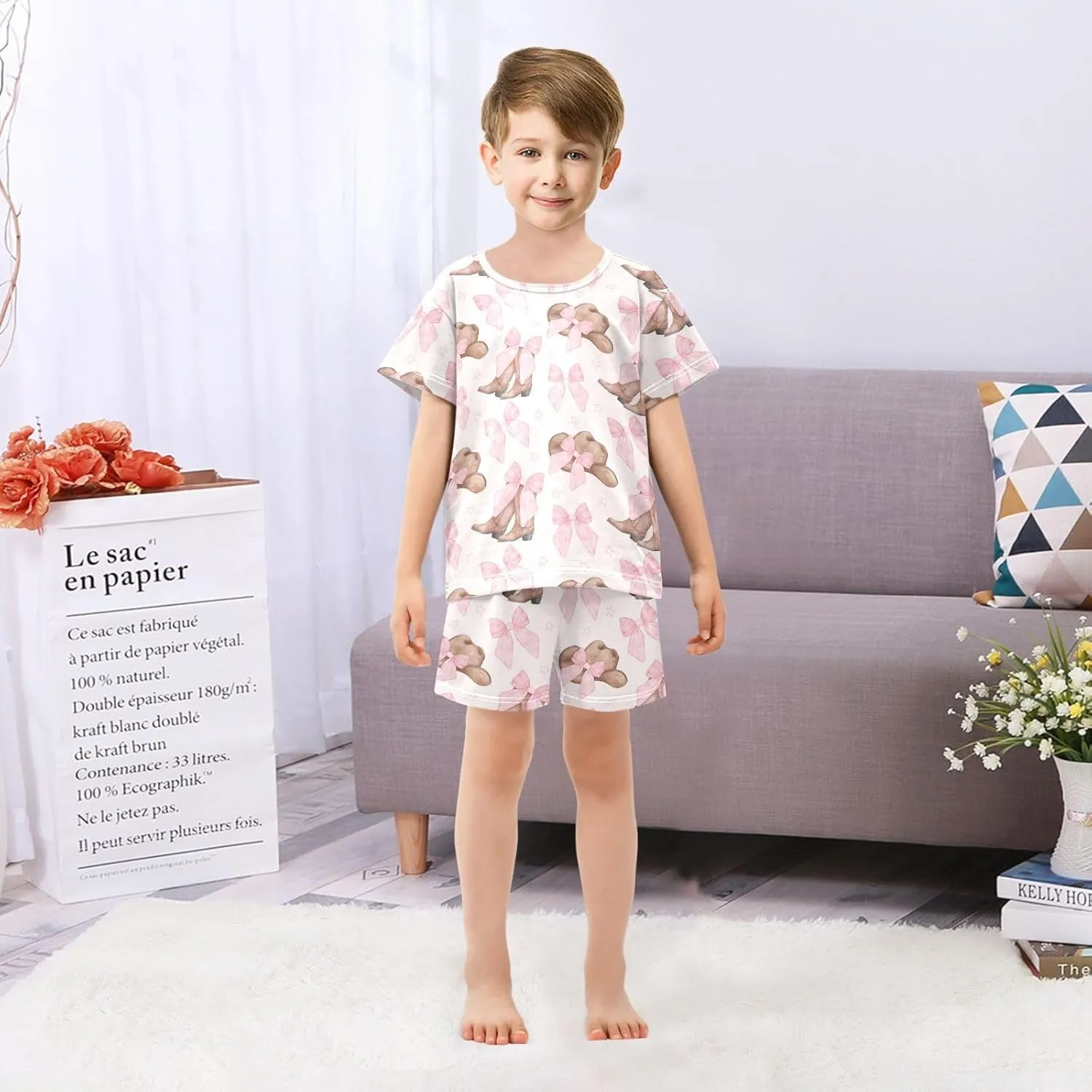 Pajama Sets Short Sleeve Cowgirl Hat and Boots with Pink Bow Soft Cotton Summer Sleepwear 2 Piece PJS Size 5-14T
