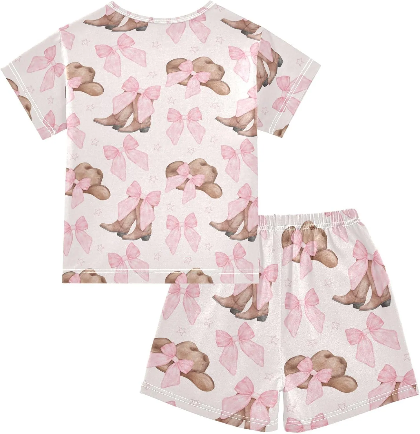Pajama Sets Short Sleeve Cowgirl Hat and Boots with Pink Bow Soft Cotton Summer Sleepwear 2 Piece PJS Size 5-14T