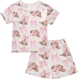 Pajama Sets Short Sleeve Cowgirl Hat and Boots with Pink Bow Soft Cotton Summer Sleepwear 2 Piece PJS Size 5-14T