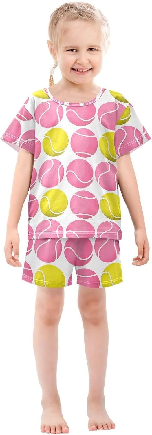 Pajama Short Sets Pink and Yellow Tennis Balls Soft Cotton Summer Sleepwear 2 Piece PJS Size 5-14T