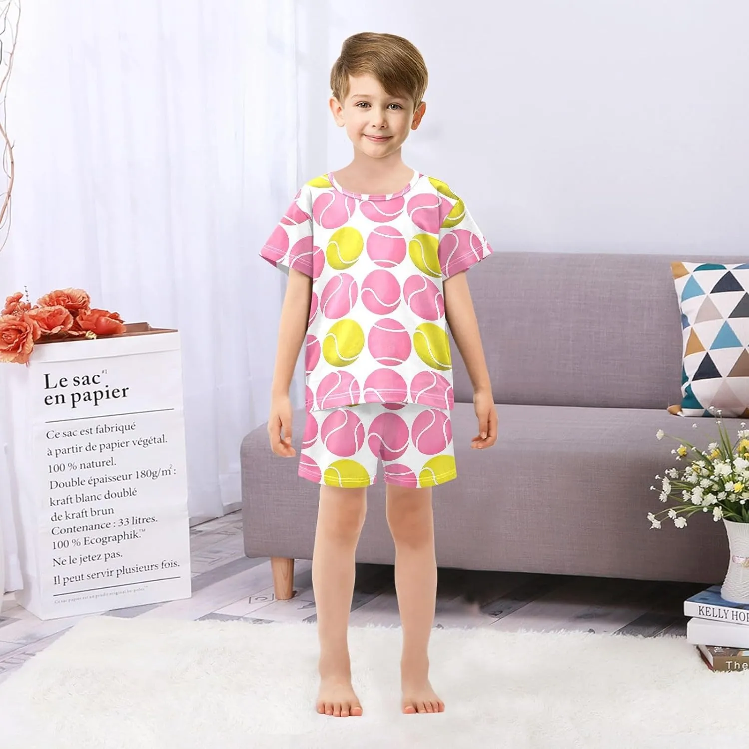 Pajama Short Sets Pink and Yellow Tennis Balls Soft Cotton Summer Sleepwear 2 Piece PJS Size 5-14T