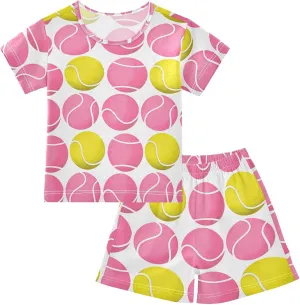 Pajama Short Sets Pink and Yellow Tennis Balls Soft Cotton Summer Sleepwear 2 Piece PJS Size 5-14T