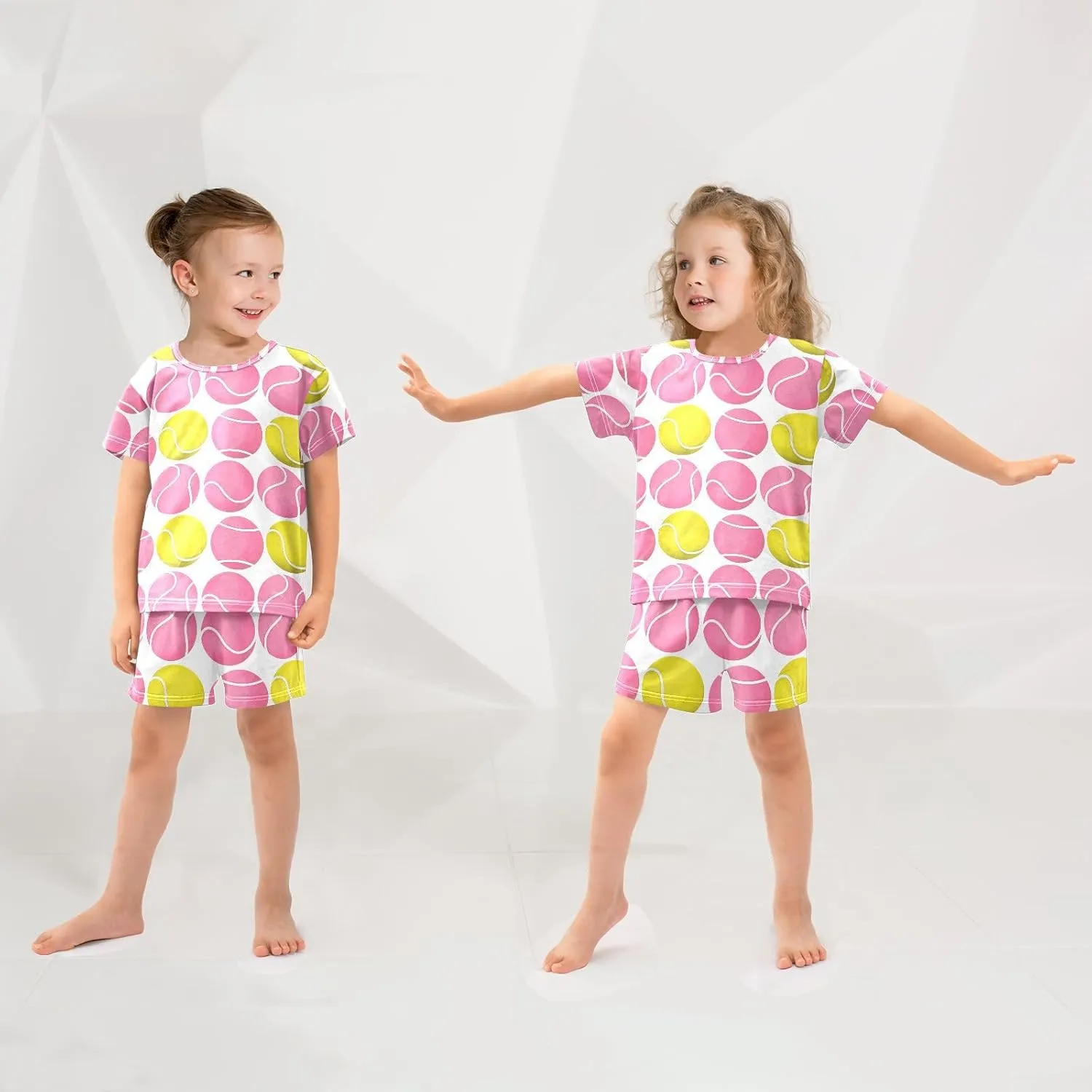 Pajama Short Sets Pink and Yellow Tennis Balls Soft Cotton Summer Sleepwear 2 Piece PJS Size 5-14T