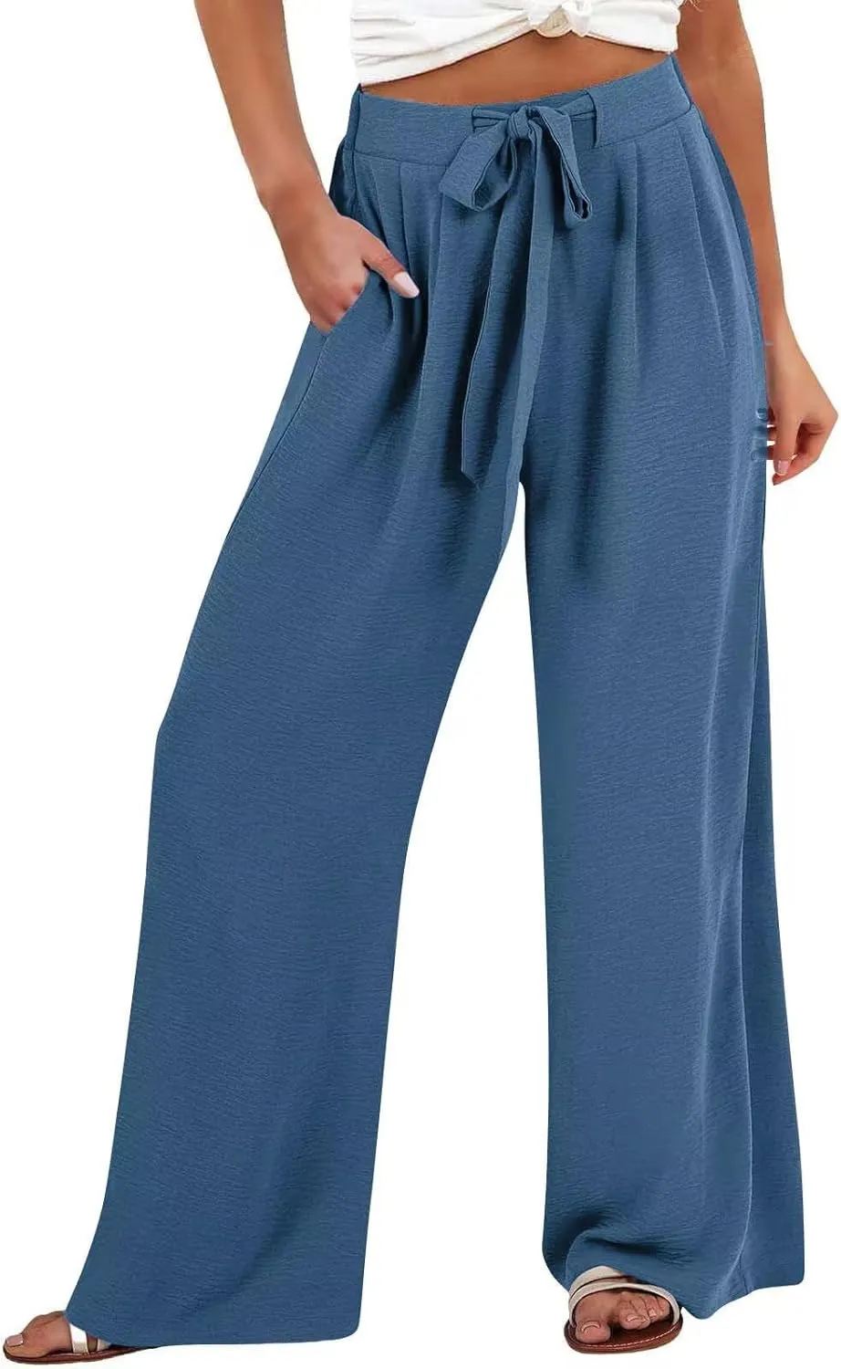 Palazzo Pants for Women Casual Cotton Linen Pants High Waisted Wide Leg Trousers Summer Lounge Pant with Belt Bow