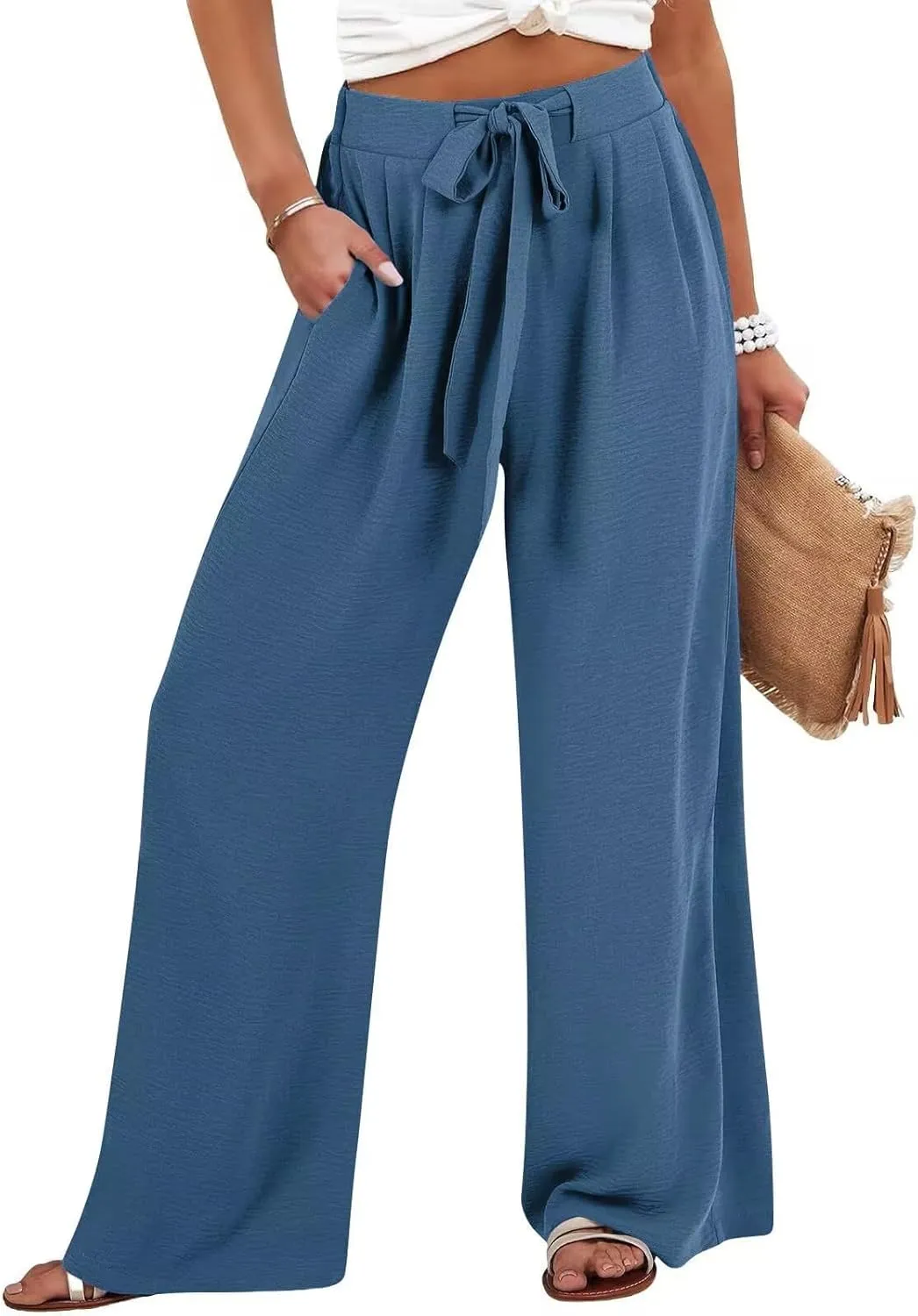 Palazzo Pants for Women Casual Cotton Linen Pants High Waisted Wide Leg Trousers Summer Lounge Pant with Belt Bow